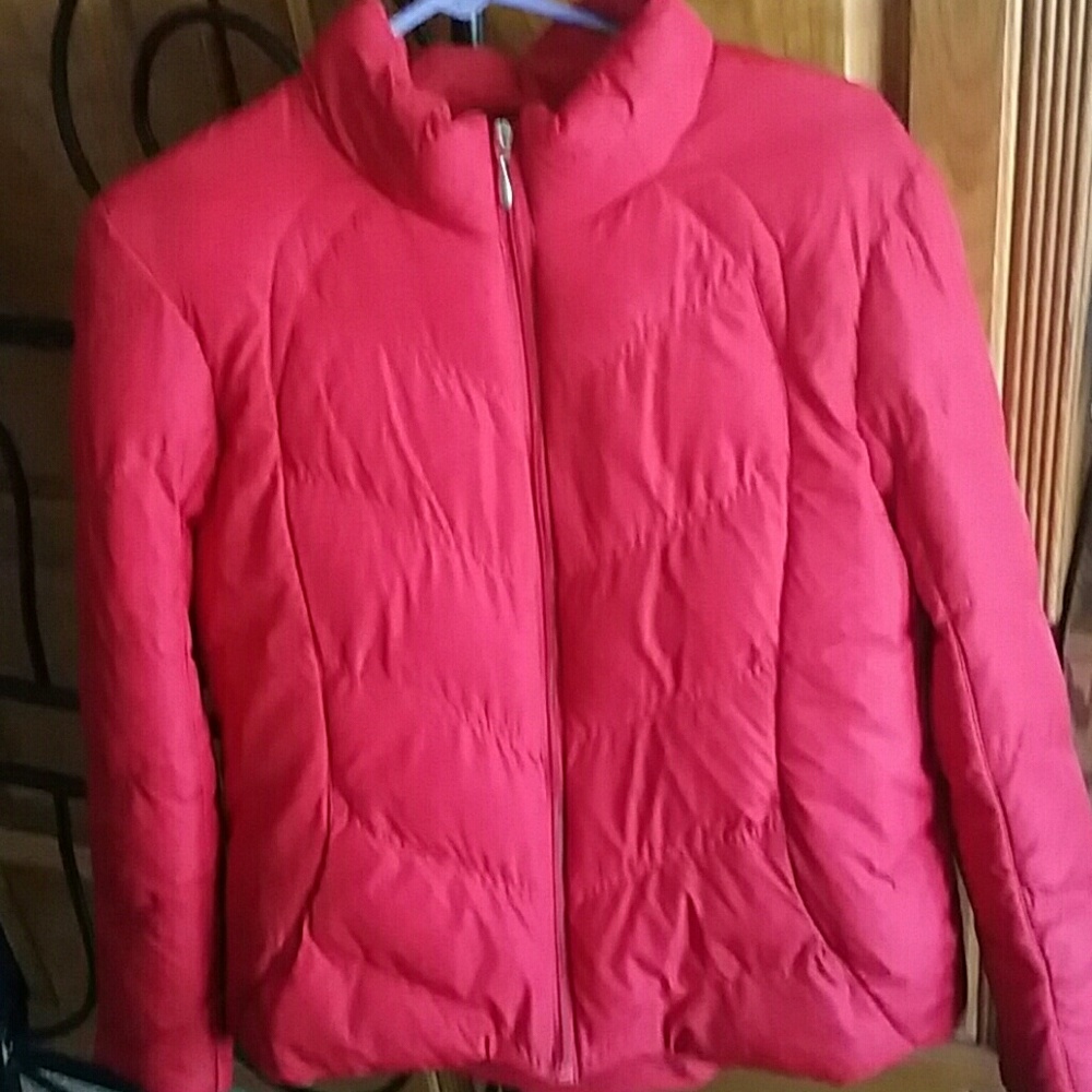 Red puffer coat
